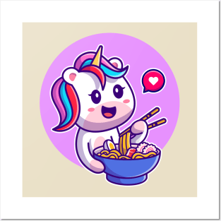 Cute Unicorn Eating Noodle With Chopstick Cartoon Posters and Art